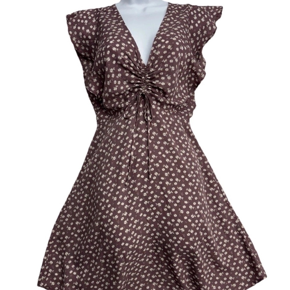 Floral Tiered Mauve Dress Size S Flutter Sleeve Cottagecore Boho Festival Ditsy